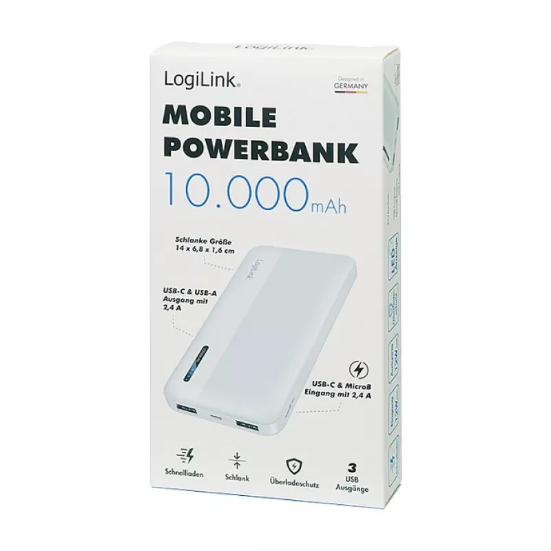 Batería externa móvil Logilink, LiPo, 10000 mAh, USB-C entrada/salida, blanco