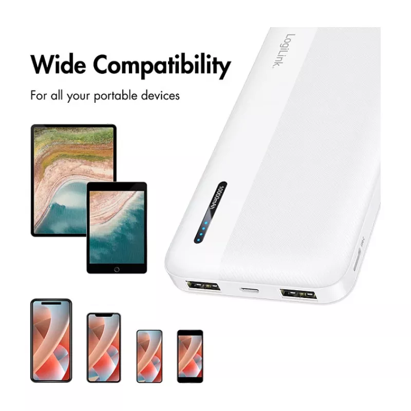 Batería externa móvil Logilink, LiPo, 10000 mAh, USB-C entrada/salida, blanco