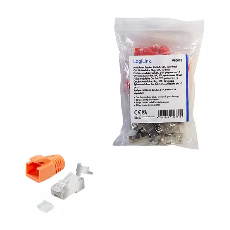 LogiLink conector modular RJ45 Cat.6A STP pass through, pack de 10
