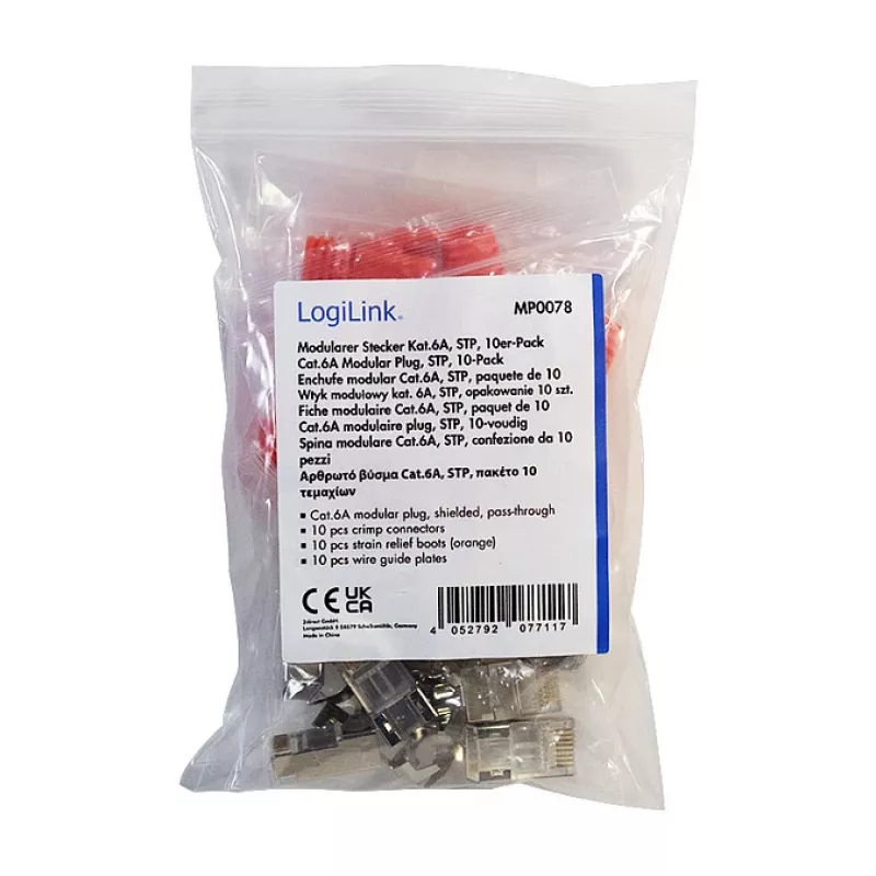LogiLink conector modular RJ45 Cat.6A STP pass through, pack de 10
