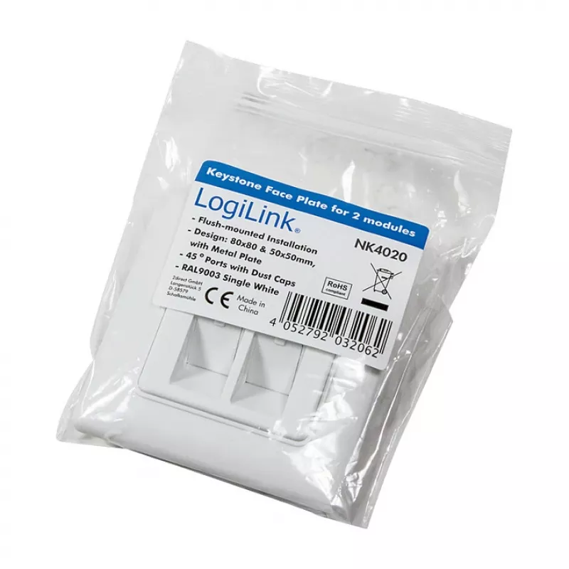 LogiLink NK4020 toma de pared keystone, empotrable, 2 módulos, blanco señal