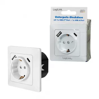 LOGILINK PA0253 Toma de pared con 1 toma Schuko, 1 puerto de carga USB-A y 1 USB-C, 3,1 A, blanco
