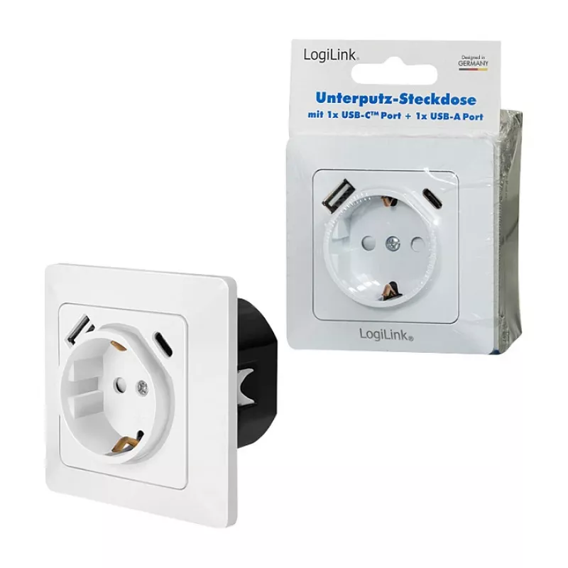 LOGILINK PA0253 Toma de pared con 1 toma Schuko, 1 puerto de carga USB-A y 1 USB-C, 3,1 A, blanco