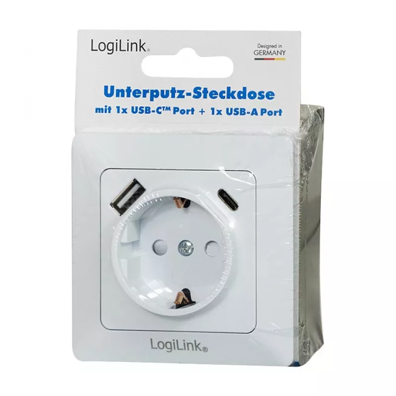 LOGILINK PA0253 Toma de pared con 1 toma Schuko, 1 puerto de carga USB-A y 1 USB-C, 3,1 A, blanco