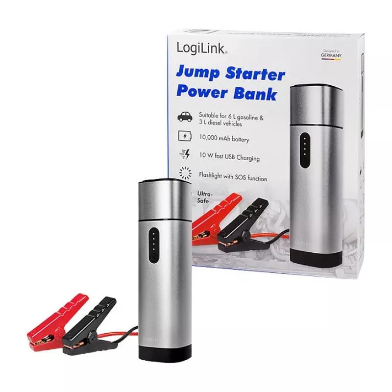 Logilink PA0266 arrancador y batería externa, 10000 mAh, 12V/400A pico, USB-C PD, linterna LED