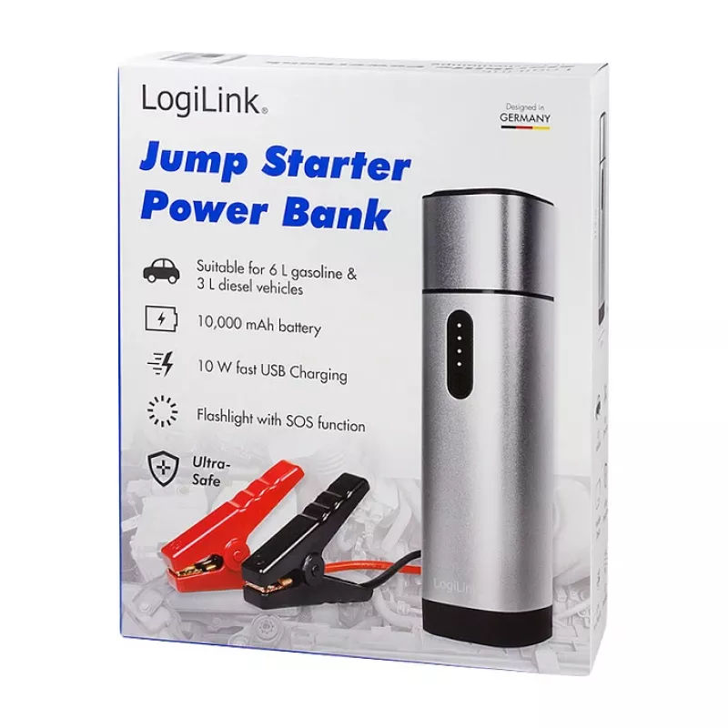 Logilink PA0266 arrancador y batería externa, 10000 mAh, 12V/400A pico, USB-C PD, linterna LED