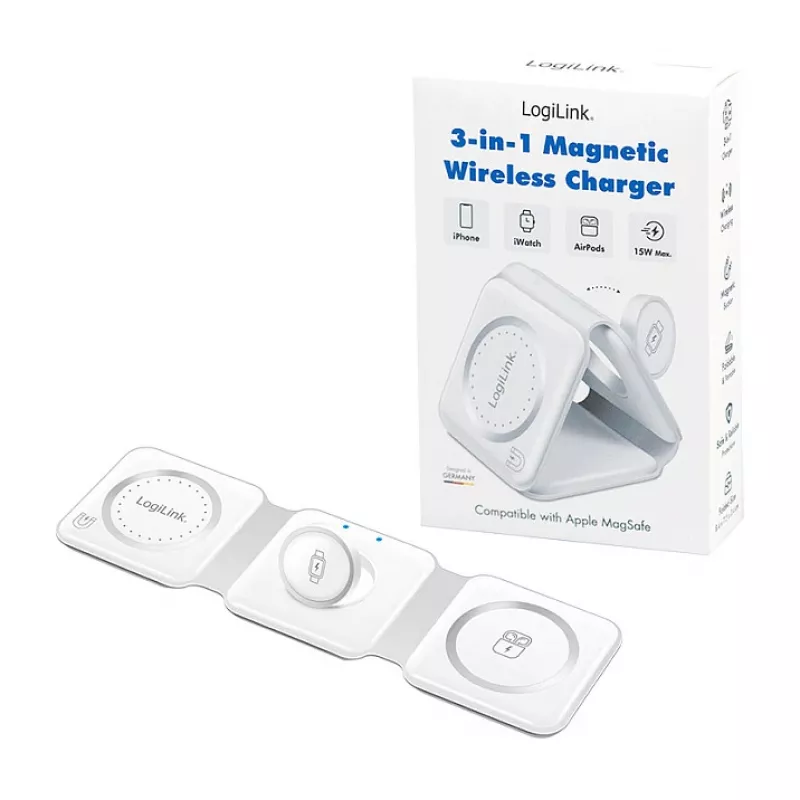 LOGILINK PA0344 cargador magnético 3 en 1 para dispositivos Apple, blanco, plegable, MagSafe, 15W