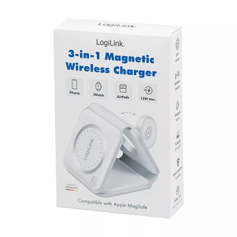 LOGILINK PA0344 cargador magnético 3 en 1 para dispositivos Apple, blanco, plegable, MagSafe, 15W