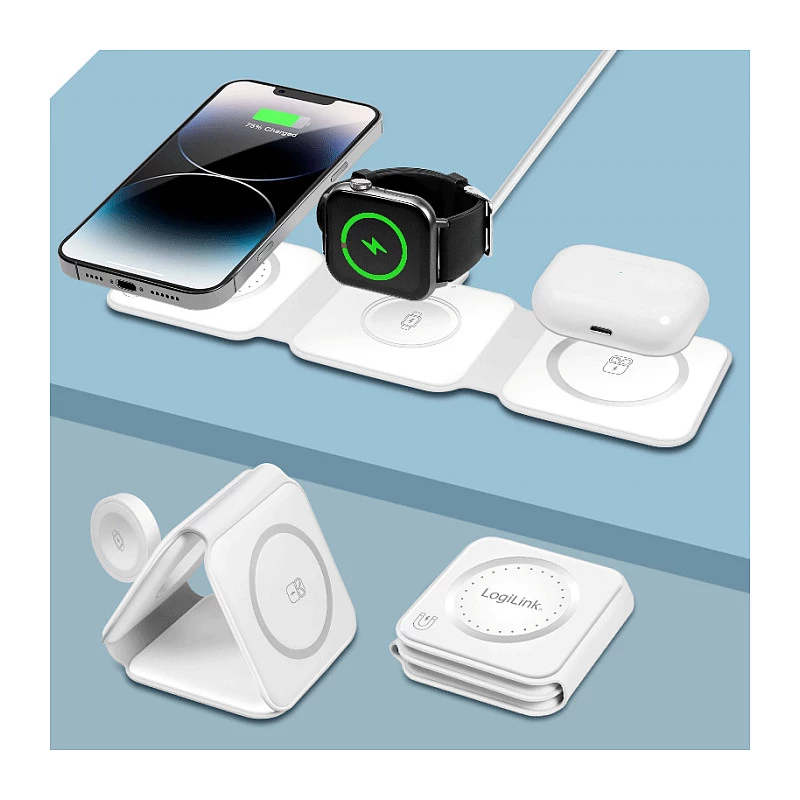 LOGILINK PA0344 cargador magnético 3 en 1 para dispositivos Apple, blanco, plegable, MagSafe, 15W