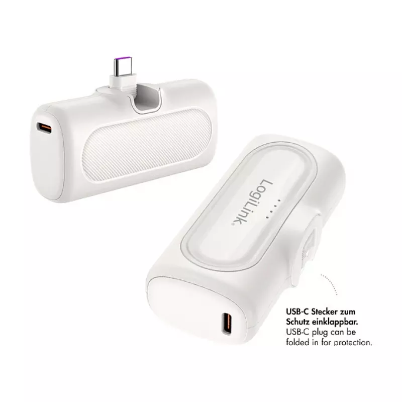 LogiLink PA0349W batería externa móvil, 5000 mAh, LiPo, conector USB-C plegable integrado y puerto USB-C, blanco