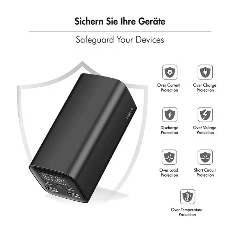 Logilink PA0350 batería externa móvil, 20.000 mAh, 65W PD y QC 3.0, negro