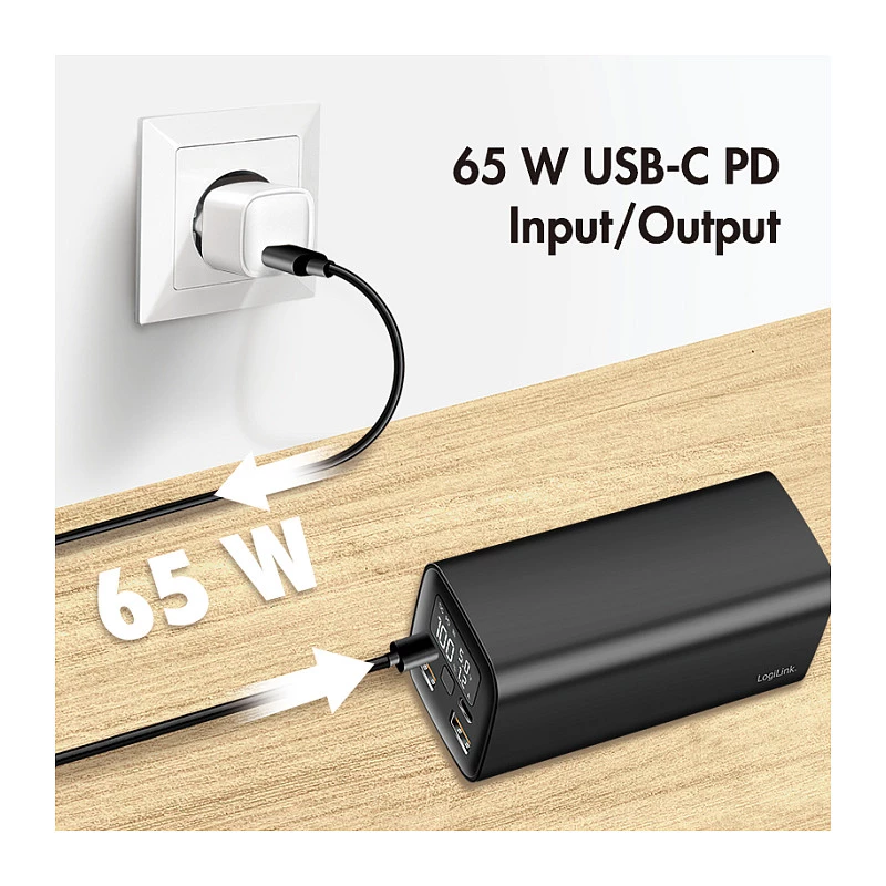 Logilink PA0350 batería externa móvil, 20.000 mAh, 65W PD y QC 3.0, negro