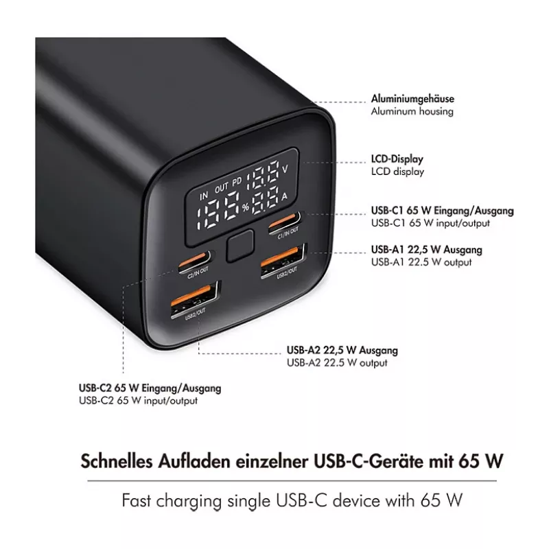 Logilink PA0350 batería externa móvil, 20.000 mAh, 65W PD y QC 3.0, negro
