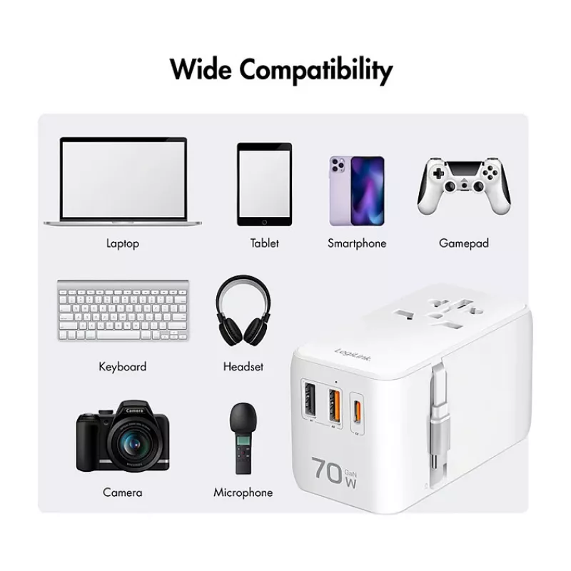 LOGILINK PA0357 Cargador de viaje USB-A/C, 70 W GaN, 4 puertos, 2x USB-A (QC), 2x USB-C (PD), slim, blanco