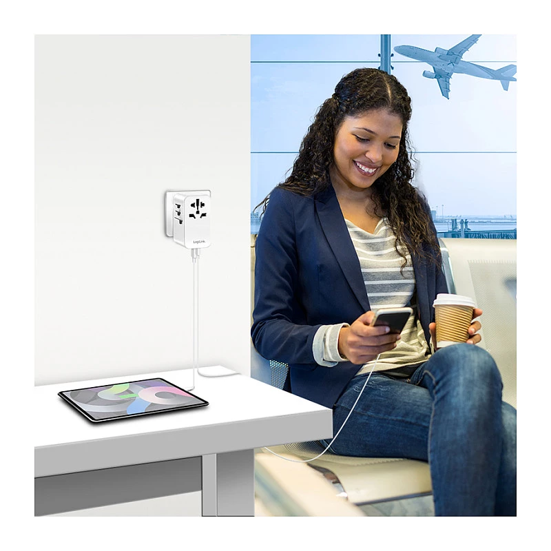 LOGILINK PA0357 Cargador de viaje USB-A/C, 70 W GaN, 4 puertos, 2x USB-A (QC), 2x USB-C (PD), slim, blanco