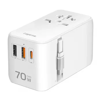 LOGILINK PA0357 Cargador de viaje USB-A/C, 70 W GaN, 4 puertos, 2x USB-A (QC), 2x USB-C (PD), slim, blanco