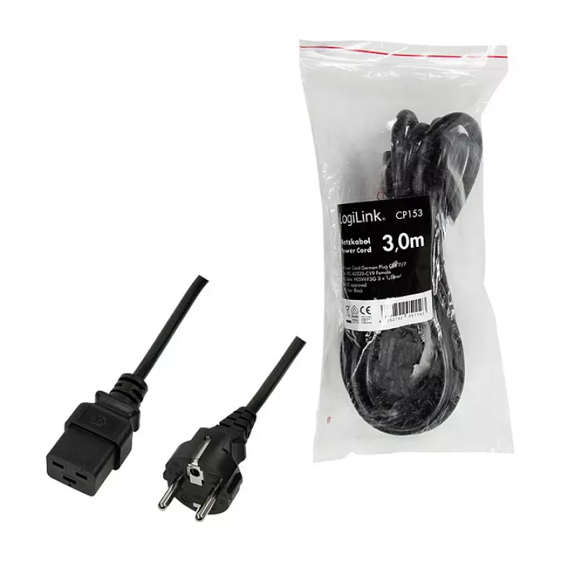 Cable de alimentación Logilink, CEE 7/7 a IEC C19, negro, 3 m