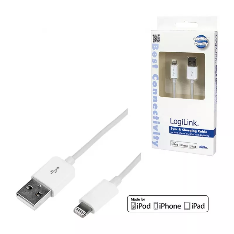 Logilink UA0199 cable Lightning, certificado MFI, USB-A a Lightning 8 pines, blanco, 1m (carga rápida y sincronización)