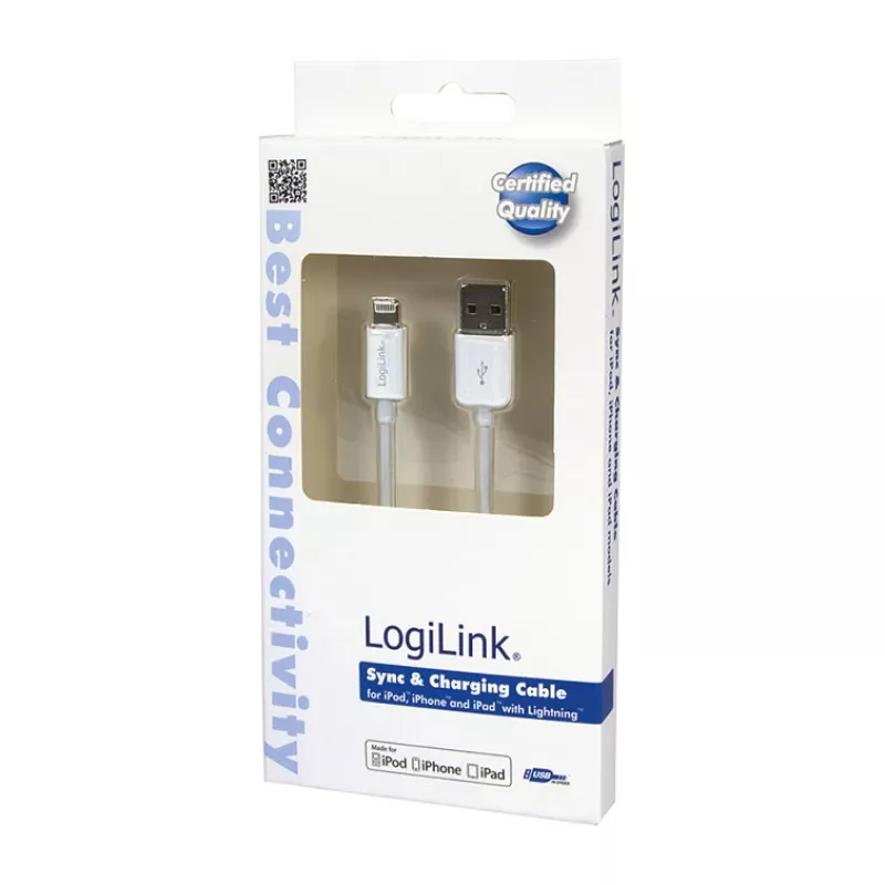 Logilink UA0199 cable Lightning, certificado MFI, USB-A a Lightning 8 pines, blanco, 1m (carga rápida y sincronización)