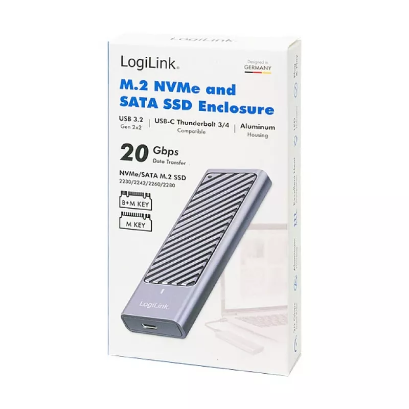 LogiLink UA0435 Caja para SSD USB 3.2 Gen 2x2, M.2 NVMe/SATA, USB-C, 20 Gbps, Gris