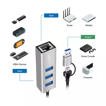 Logilink UA0440 Hub USB 3.2 Gen 1 de 3 puertos con adaptador Gigabit Ethernet, conector USB-C y USB-A, aluminio