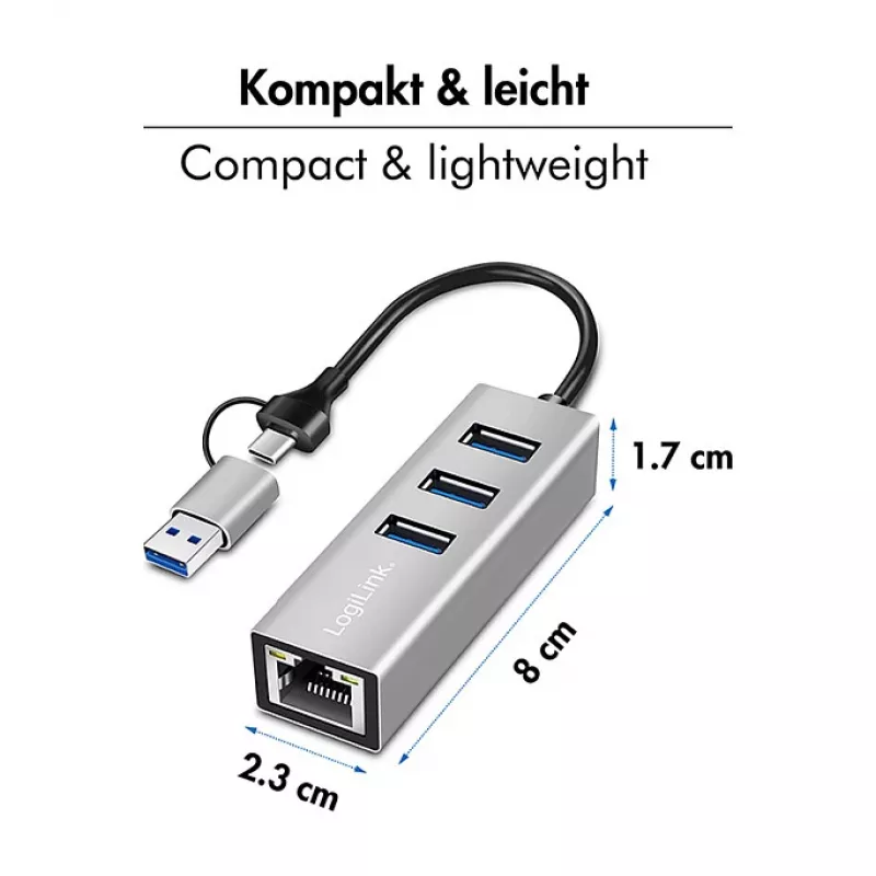Logilink UA0440 Hub USB 3.2 Gen 1 de 3 puertos con adaptador Gigabit Ethernet, conector USB-C y USB-A, aluminio
