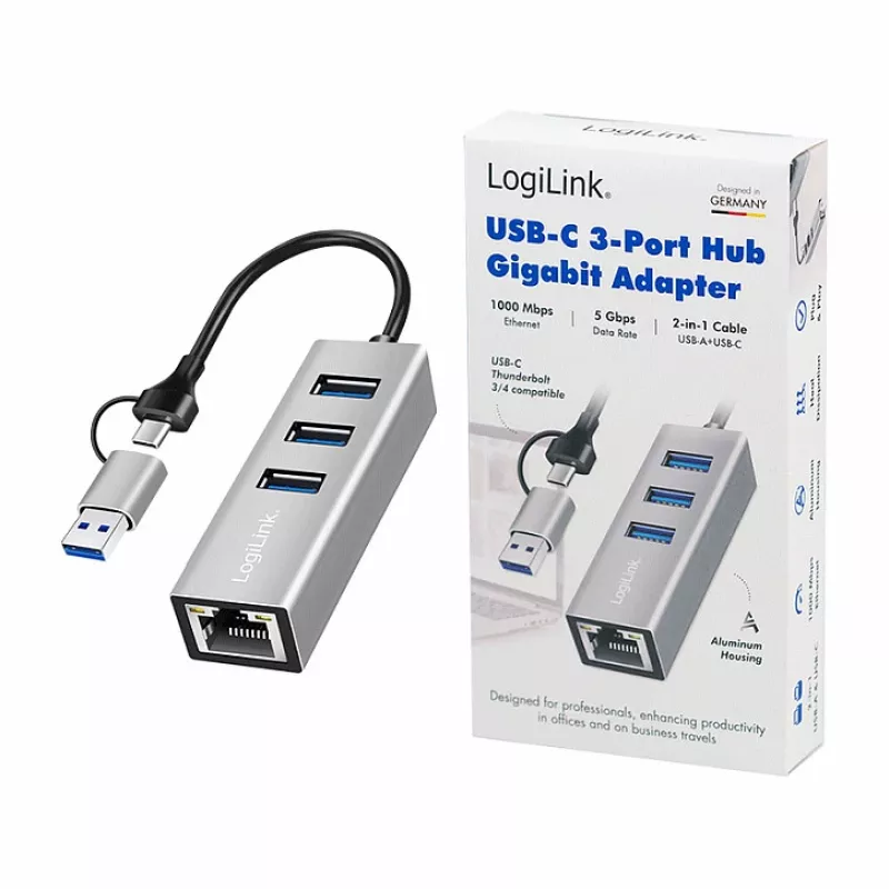 Logilink UA0440 Hub USB 3.2 Gen 1 de 3 puertos con adaptador Gigabit Ethernet, conector USB-C y USB-A, aluminio