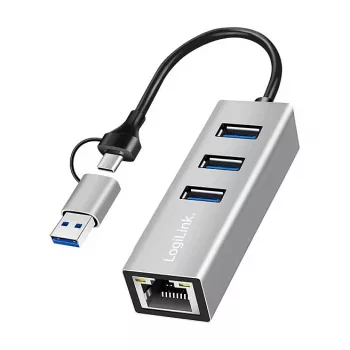 Logilink UA0440 Hub USB 3.2 Gen 1 de 3 puertos con adaptador Gigabit Ethernet, conector USB-C y USB-A, aluminio
