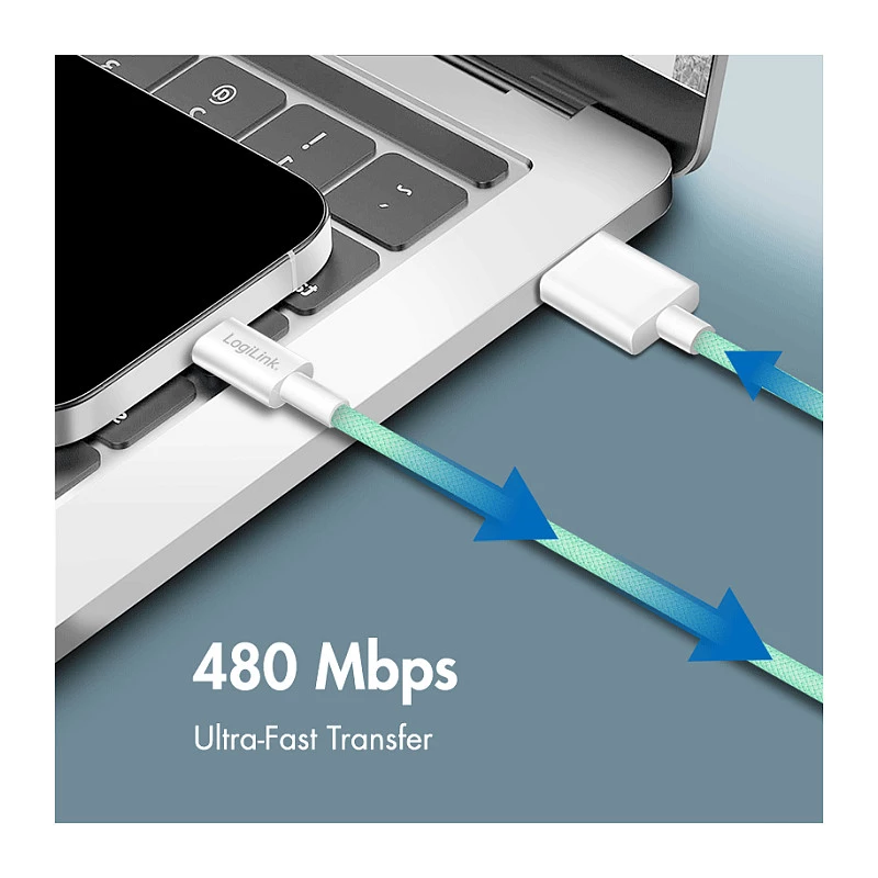 LogiLink Cable USB 2.0 Type-C, A/M a C/M, 480 Mbit/s, 60 W, nailon, verde, 0,5 m