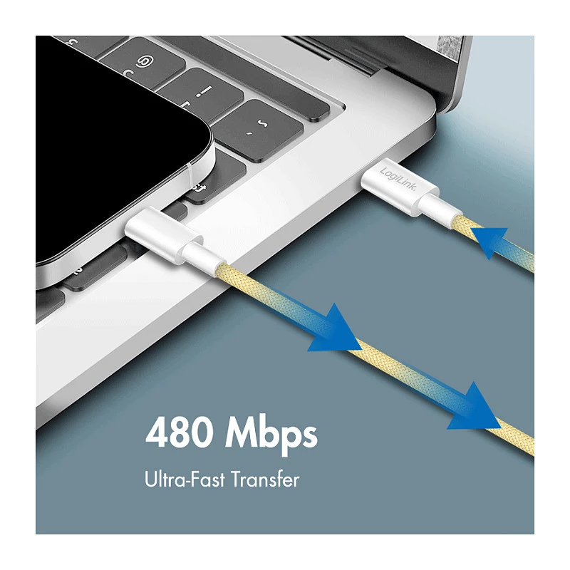 Cable USB 2.0 Type-C LogiLink, C/M a C/M, 480 Mbps, 60W, nailon, amarillo, 0,5 m
