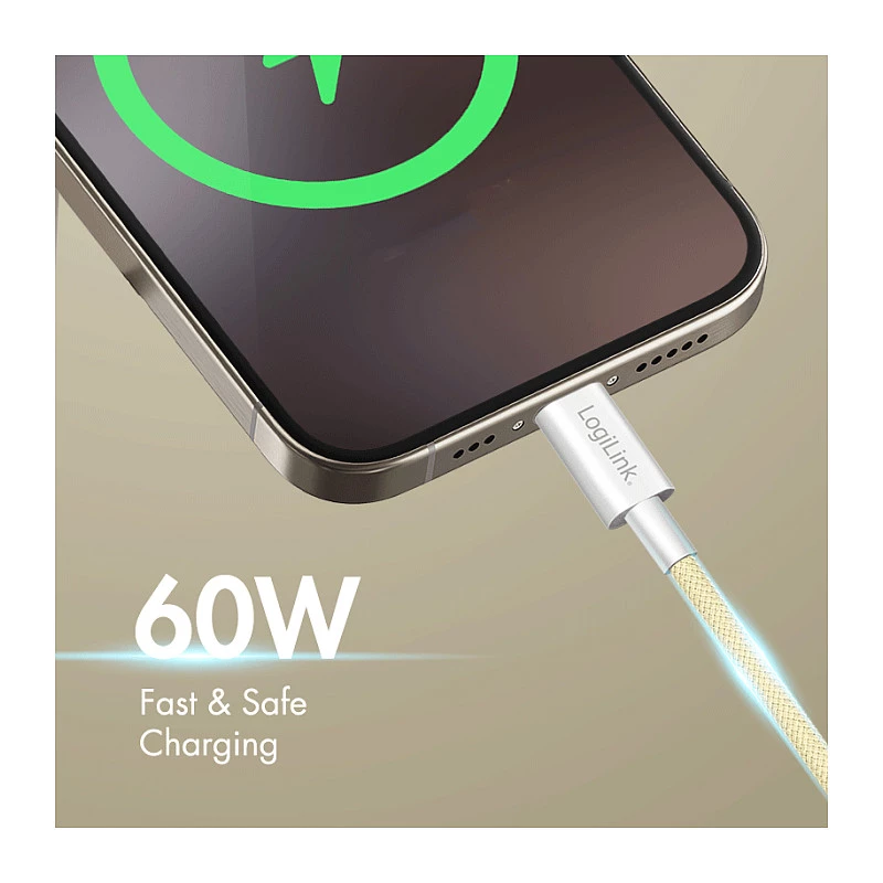 Cable USB 2.0 Type-C LogiLink, C/M a C/M, 480 Mbps, 60W, nailon, amarillo, 0,5 m