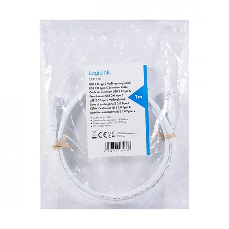 LOGILINK Cable alargador USB 2.0 Type-C – conector macho USB-C a conector hembra, 480 Mbit/s, 100W Power Delivery, blanco, 1m