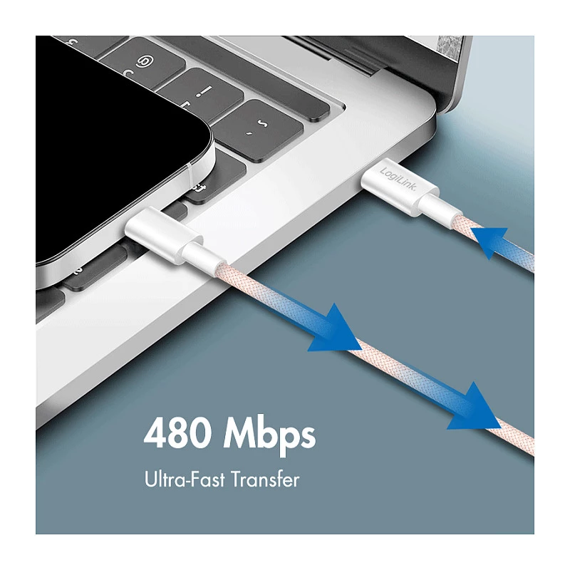 LogiLink Cable USB 2.0 Type-C a Type-C, 1 m, 60W Power Delivery, trenzado de nailon, Rosa