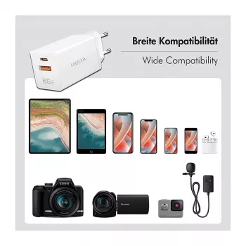 Logilink Cargador USB-A/C 65 W GaN, 1x USB-A (QC), 1x USB-C (PD), blanco