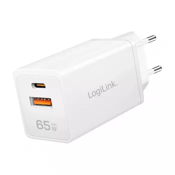 Logilink Cargador USB-A/C 65 W GaN, 1x USB-A (QC), 1x USB-C (PD), blanco