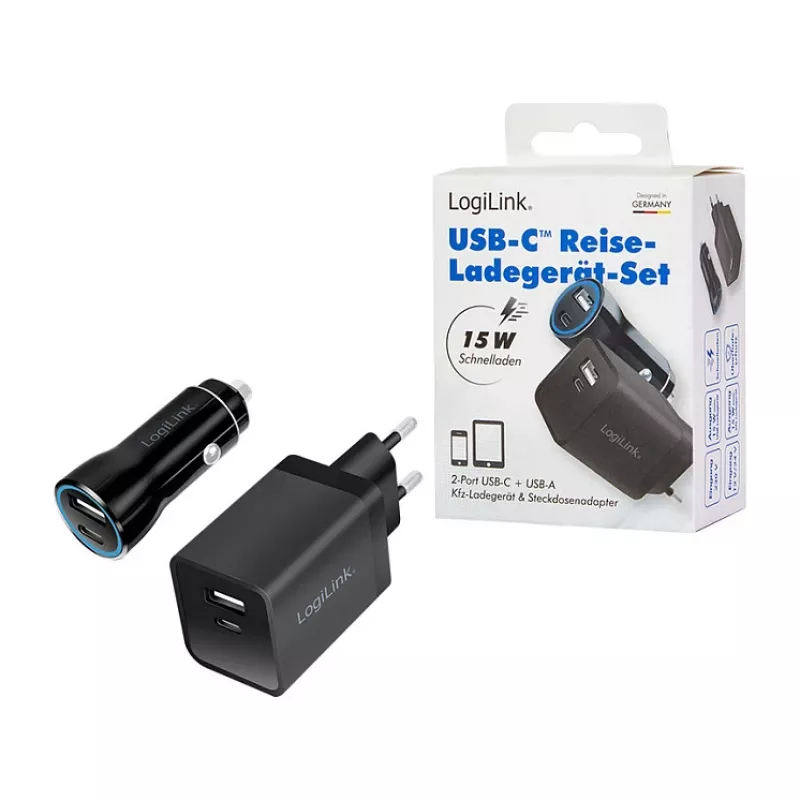 Logilink Kit de carga USB-A/C, 15 W, 1x USB-A, 1x USB-C, negro
