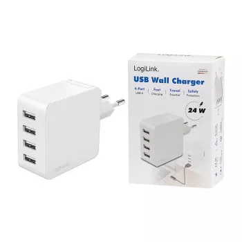Logilink cargador USB-A, 24 W, 4 puertos, 4x USB-A, blanco