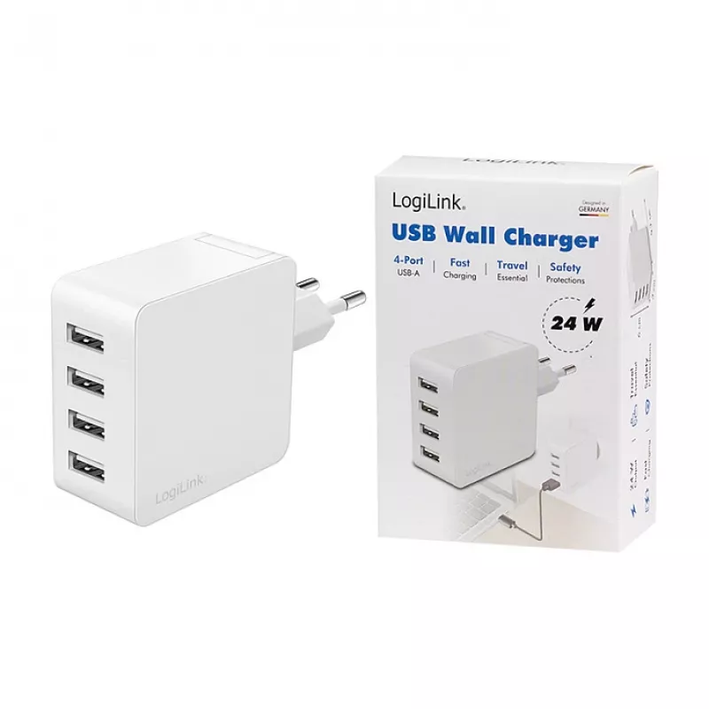 Logilink cargador USB-A, 24 W, 4 puertos, 4x USB-A, blanco