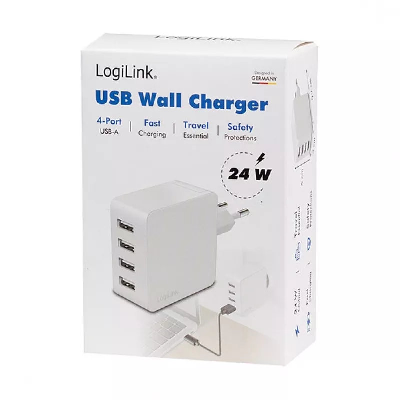 Logilink cargador USB-A, 24 W, 4 puertos, 4x USB-A, blanco