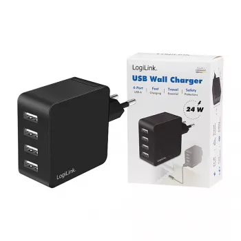 LogiLink cargador de pared USB-A, 24W, 4 puertos, 4x USB-A, negro