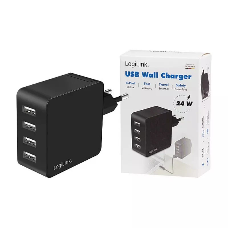 LogiLink cargador de pared USB-A, 24W, 4 puertos, 4x USB-A, negro