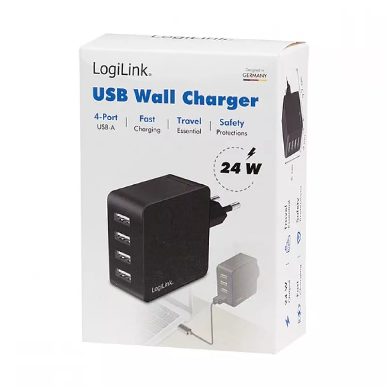 LogiLink cargador de pared USB-A, 24W, 4 puertos, 4x USB-A, negro