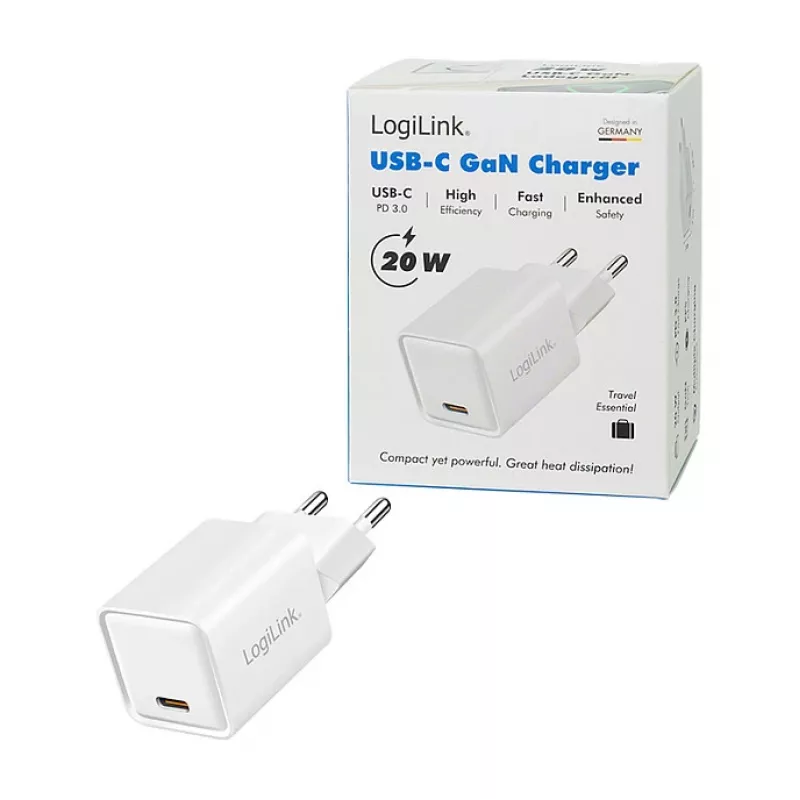 LogiLink Cargador USB-C 20 W GaN, 1 puerto, USB Power Delivery, blanco