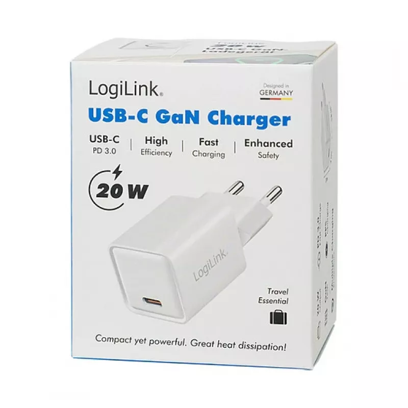 LogiLink Cargador USB-C 20 W GaN, 1 puerto, USB Power Delivery, blanco