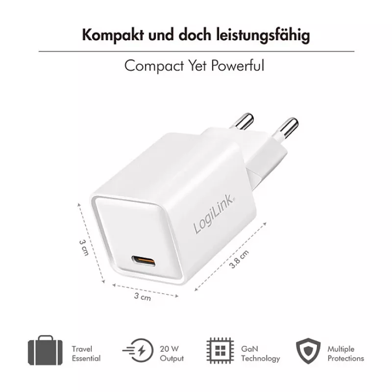 LogiLink Cargador USB-C 20 W GaN, 1 puerto, USB Power Delivery, blanco
