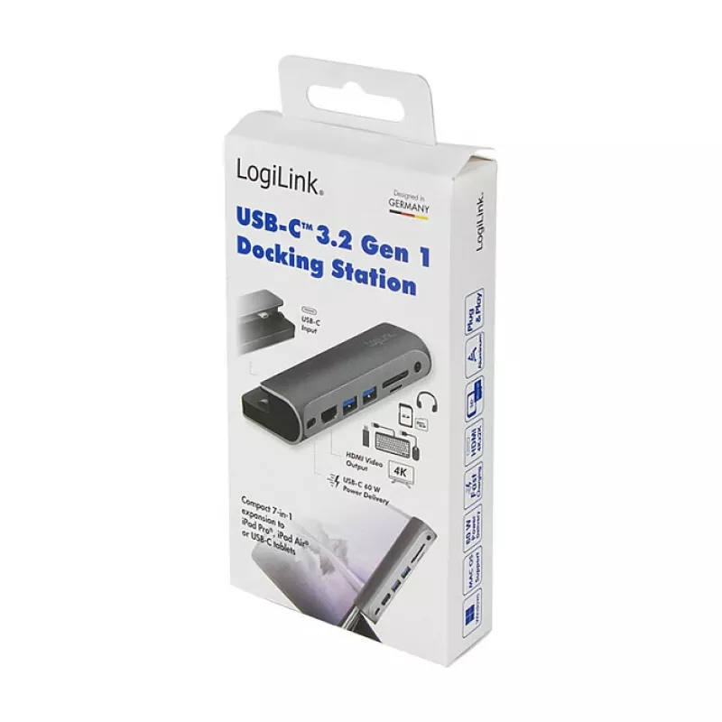 LogiLink UA0385 estación de acoplamiento USB-C, 7 puertos, USB 3.2 Gen1, PD, 4K HDMI, SD/microSD, 3,5 mm, para iPad, aluminio
