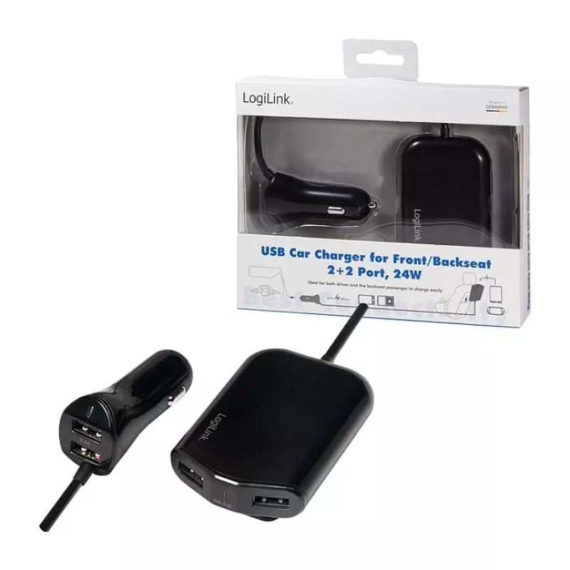 Logilink Cargador de coche USB, 2+2 puertos, 24 W, negro