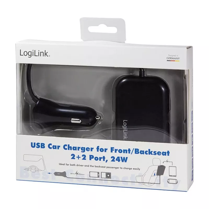 Logilink Cargador de coche USB, 2+2 puertos, 24 W, negro