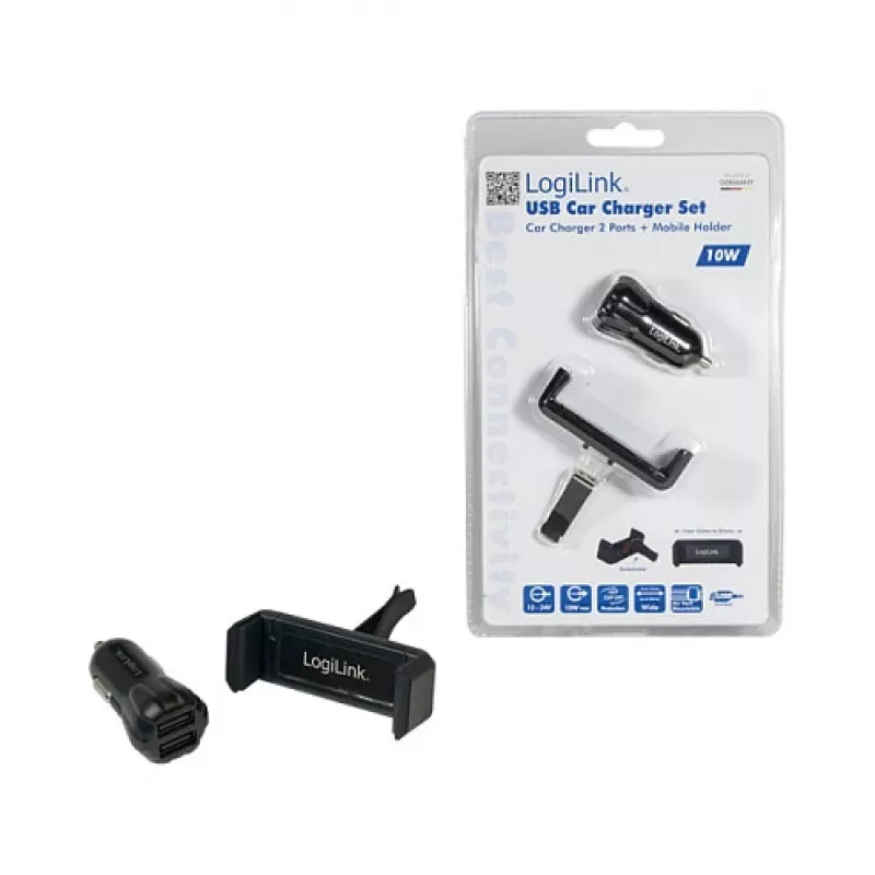 LogiLink set de cargador USB para coche, cargador de 2 puertos + soporte