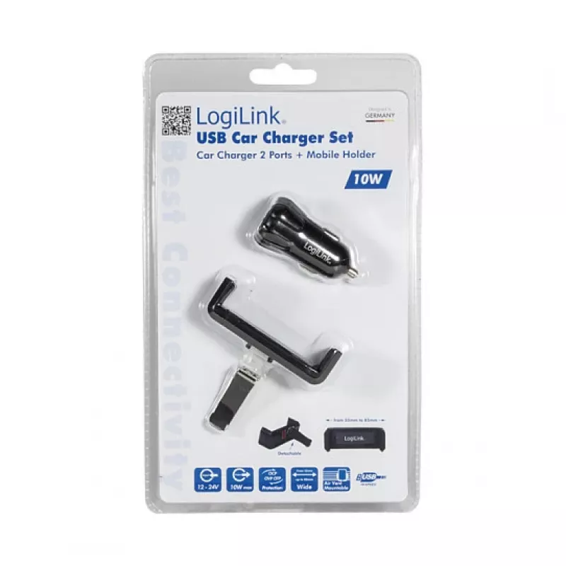 LogiLink set de cargador USB para coche, cargador de 2 puertos + soporte